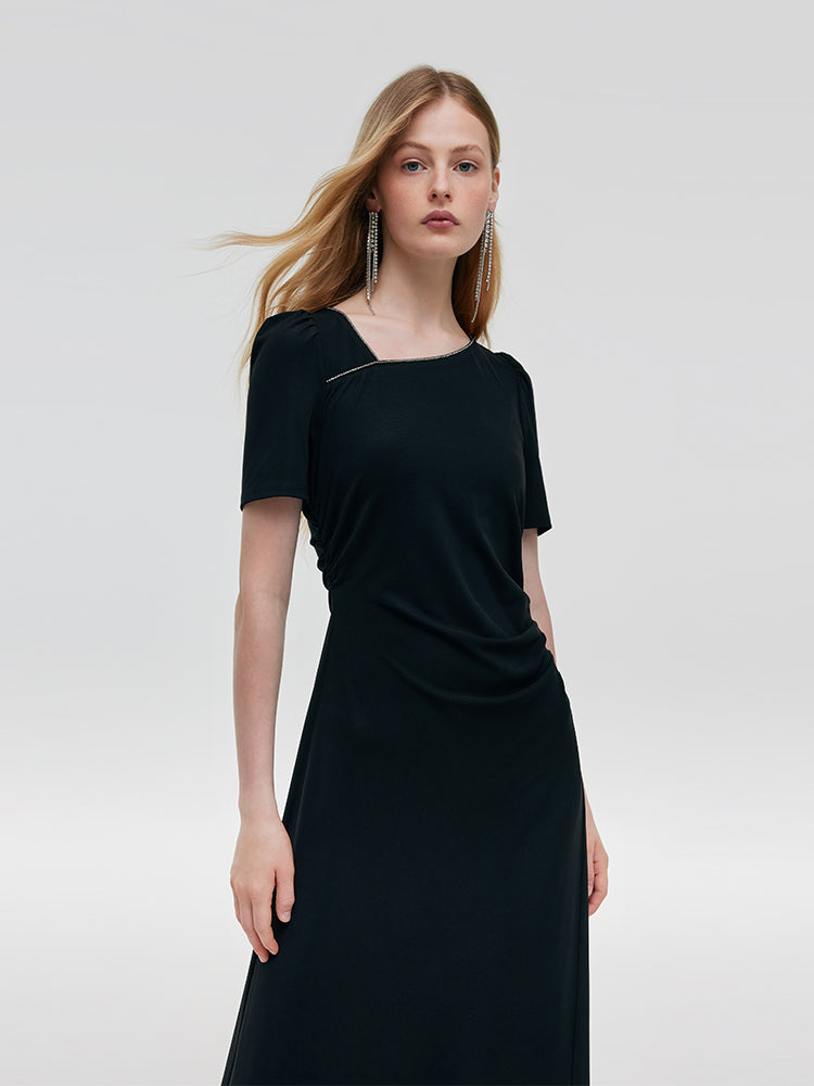 Acetate Asymmetric Neck Women Midi Dress GOELIA