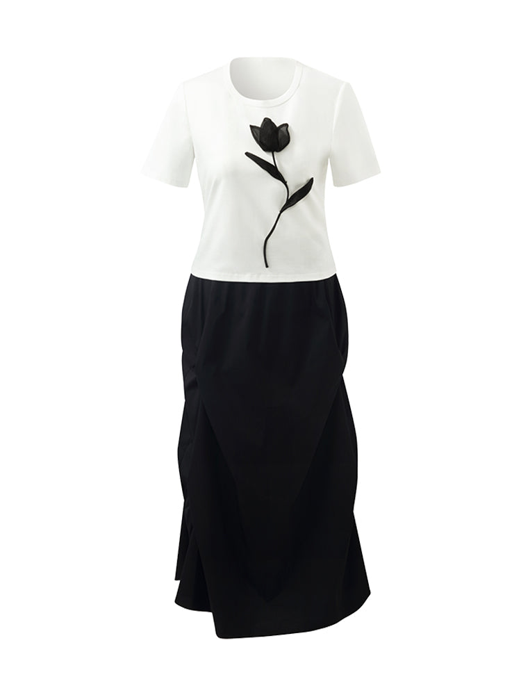 3D Rose T-Shirt And Ruched Skirt Two-Piece Set GOELIA