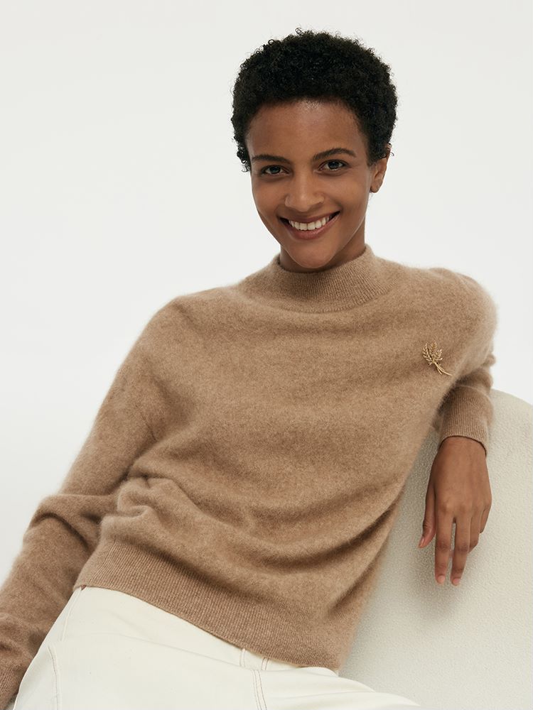 Cashmere Mock Neck Women Sweater With Wheat Ear Brooch GOELIA