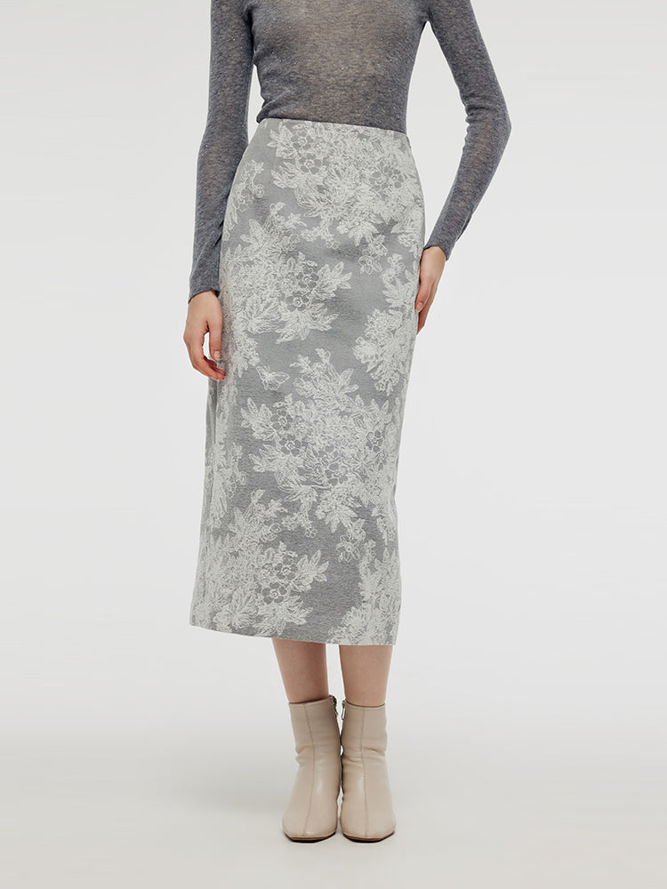 Silver Floral Jacquard Women Column Midi Skirt GOELIA