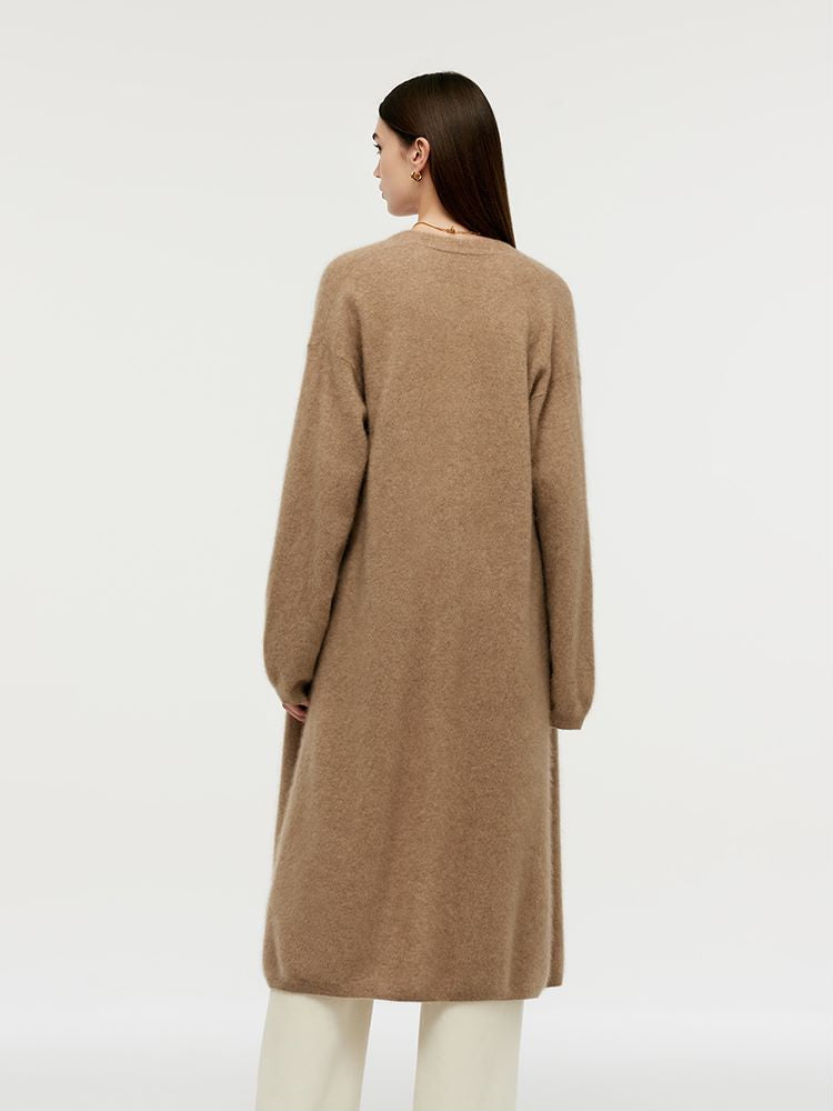 Light Camel Brushed Cashmere Long Women Cardigan GOELIA