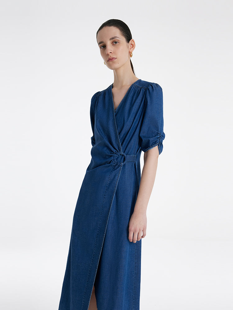 Denim V-Neck Twist Waist Women Midi Dress GOELIA