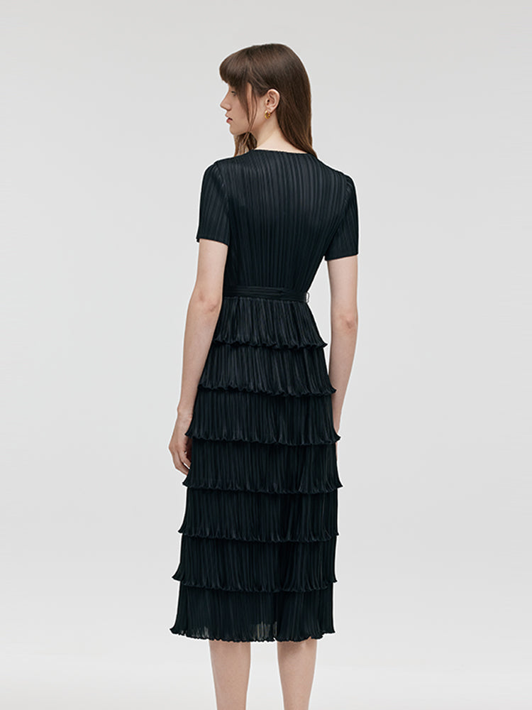 Pleated Women Tiered Midi Dress With Belt GOELIA