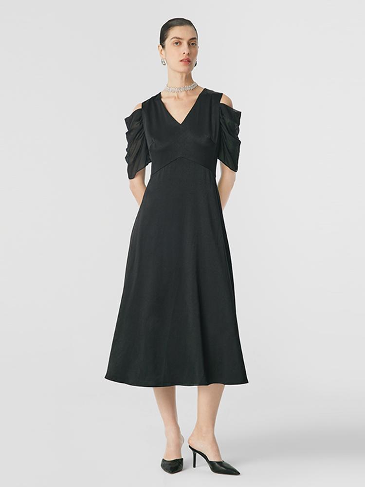 Black Triacetate Gathered Waist V-Neck Midi Dress GOELIA