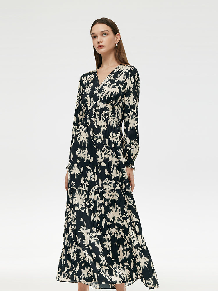 19 Momme Mulberry Silk Floral Printed Women Maxi Dress GOELIA