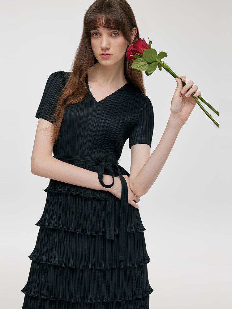 Pleated Women Tiered Midi Dress With Belt GOELIA