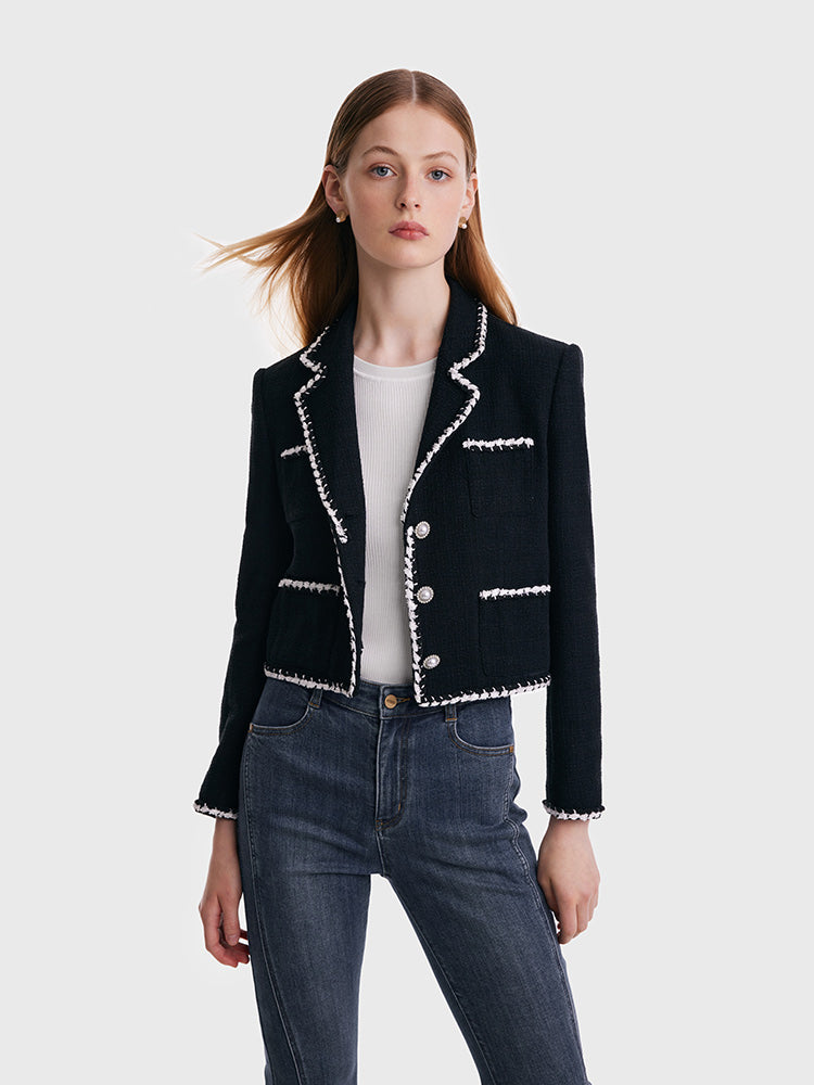 Tweed Contrast Trim Women Crop Jacket GOELIA