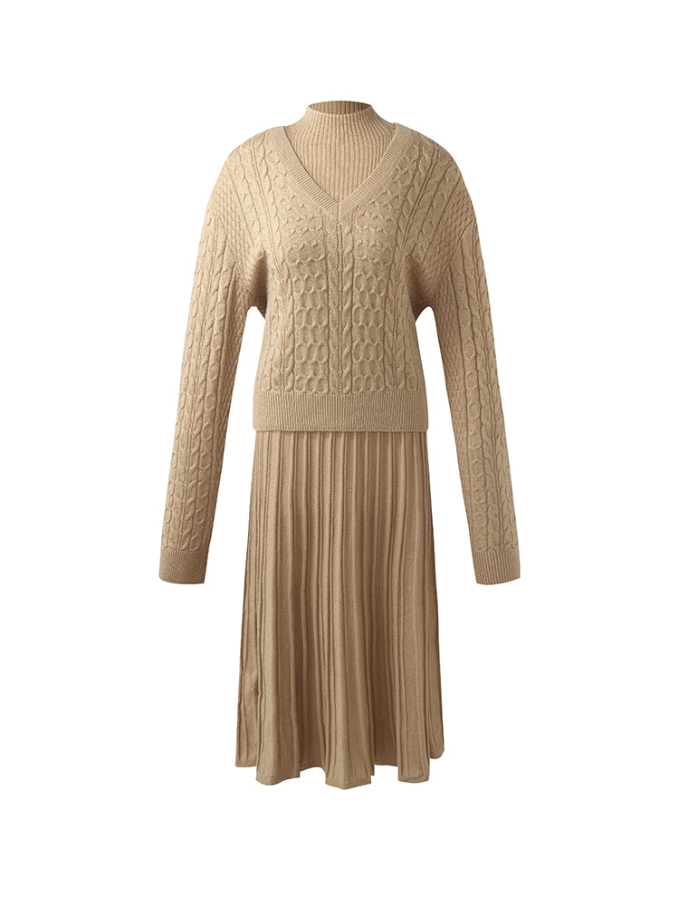 Wool V-Neck Women Sweater And Sleeveless Midi Dress Two-Piece Set GOELIA