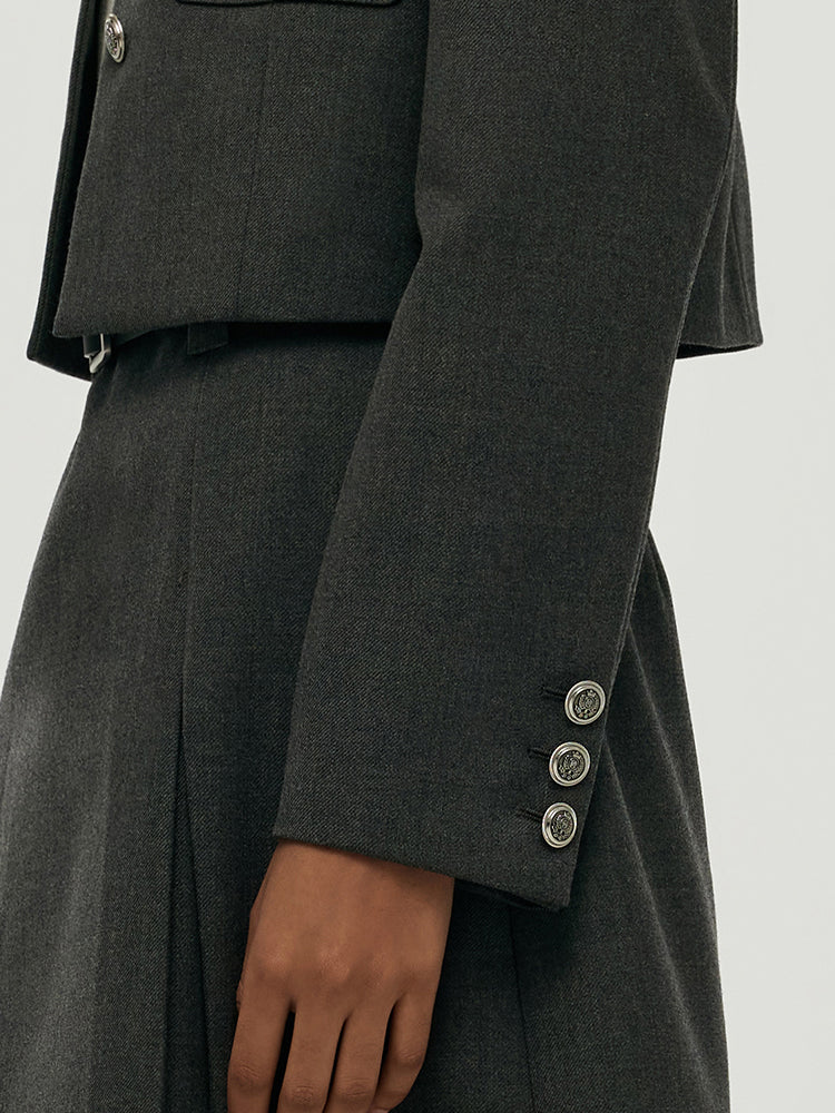 Wool Blend Crop Jacket And A-Line Skirt Two-Piece Set With Leather Belt GOELIA