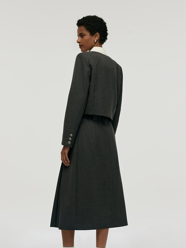 Wool Blend Crop Jacket And A-Line Skirt Two-Piece Set With Leather Belt GOELIA