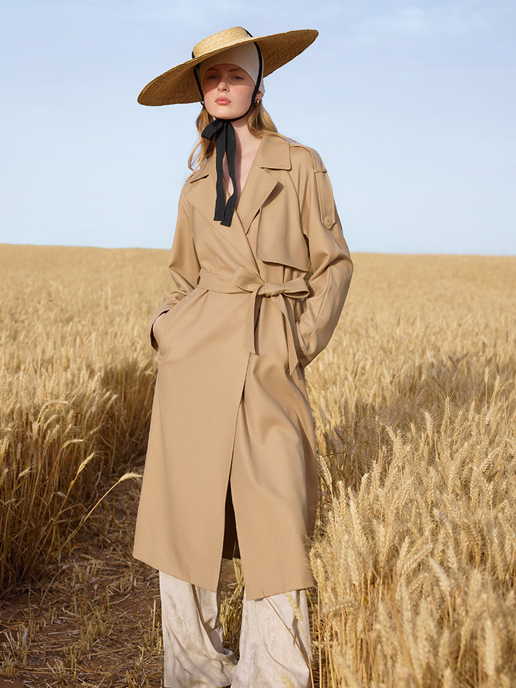 Worsted Wool Lapel Women Trench Coat With Belt GOELIA