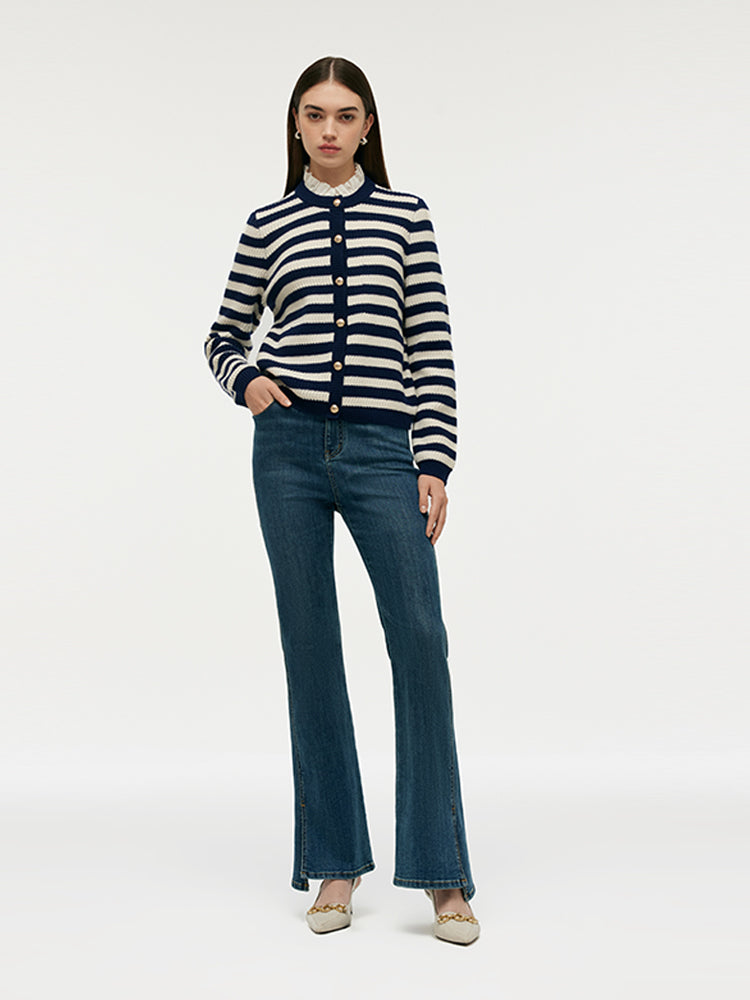 Blue And White Stripe Women Cardigan With Detachable Ruffle Collar GOELIA