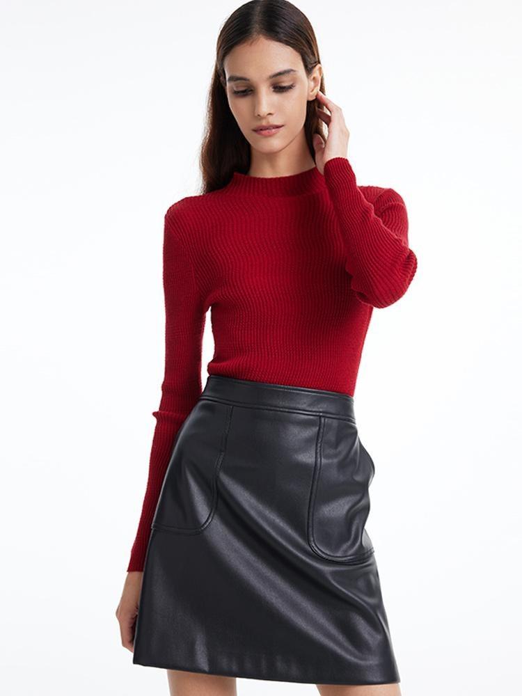 Pure Wool Mock Neck Slim Women Sweater GOELIA