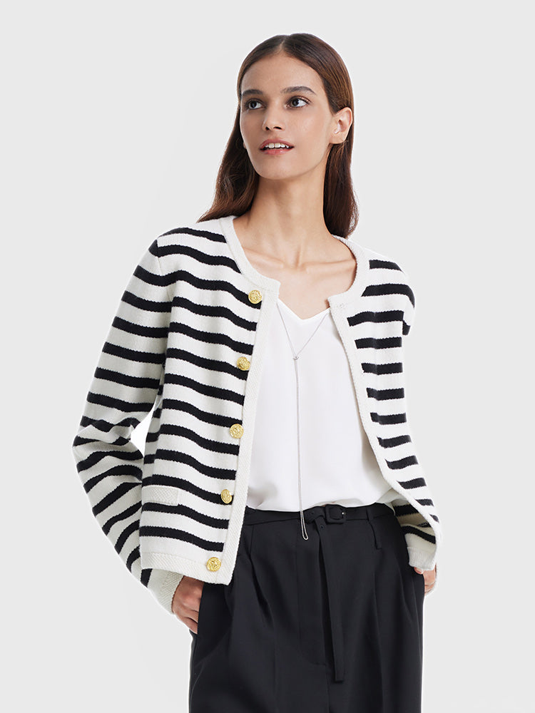 Button Up Woolen Striped Lady Cardigan – GOELIA