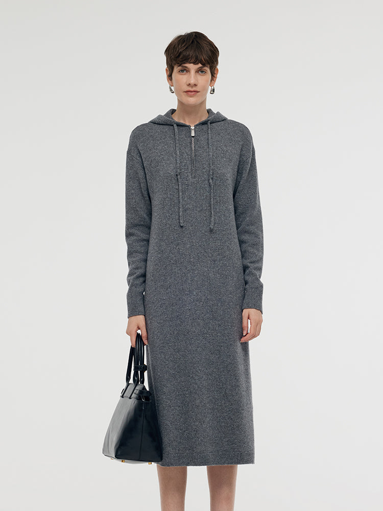 Wool Blend Women Hooded Midi Dress GOELIA