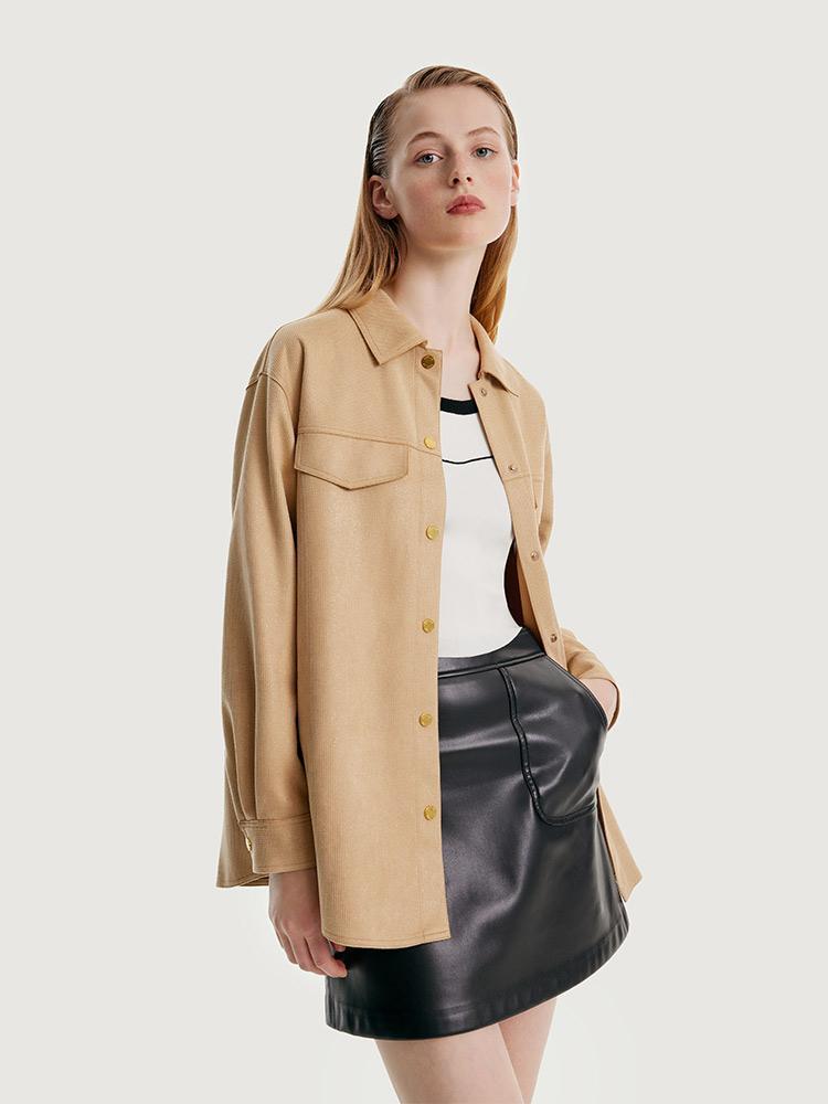 Faux Suede Coat With Leather Belt GOELIA