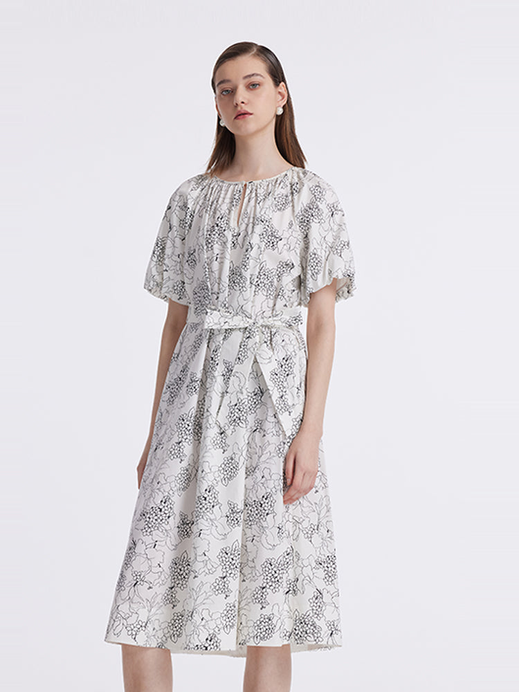 Puff Sleeves Iris Printed Women Midi Dress With Belts GOELIA