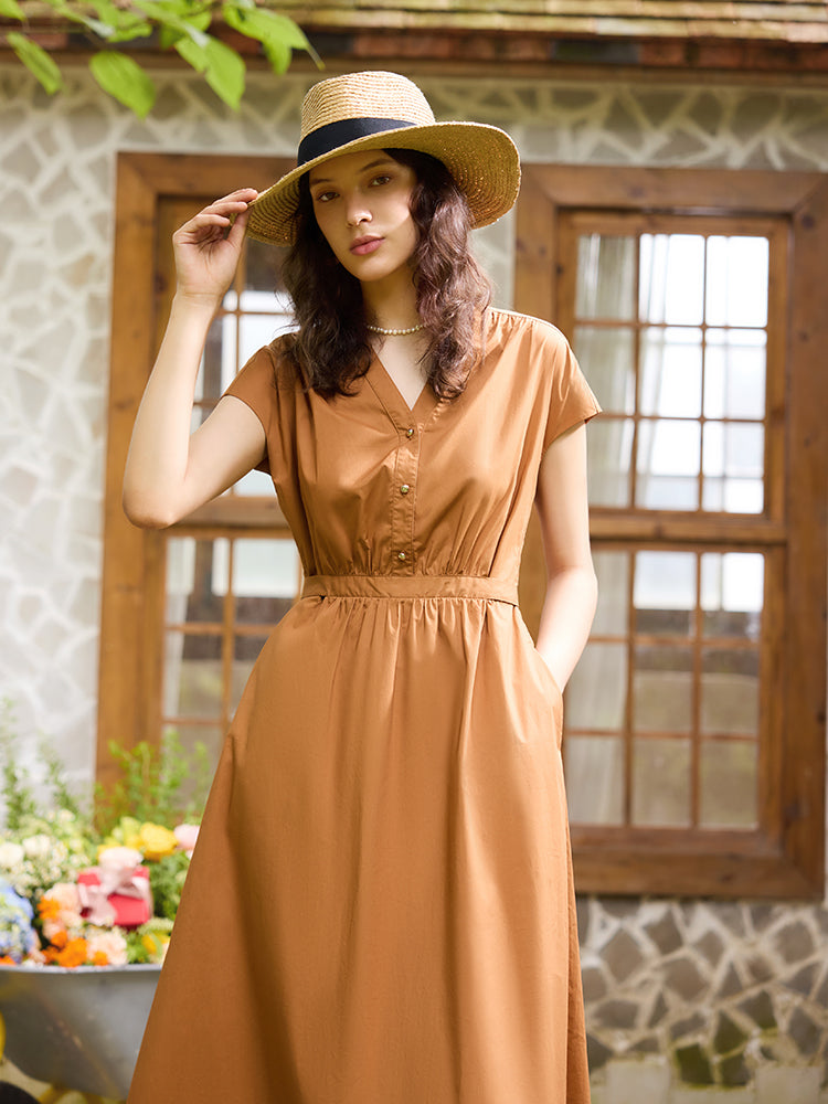 V-Neck Gathered Waist Women Maxi Dress GOELIA