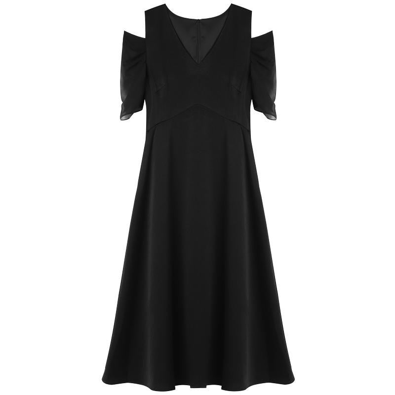 Black Triacetate Gathered Waist V-Neck Midi Dress GOELIA