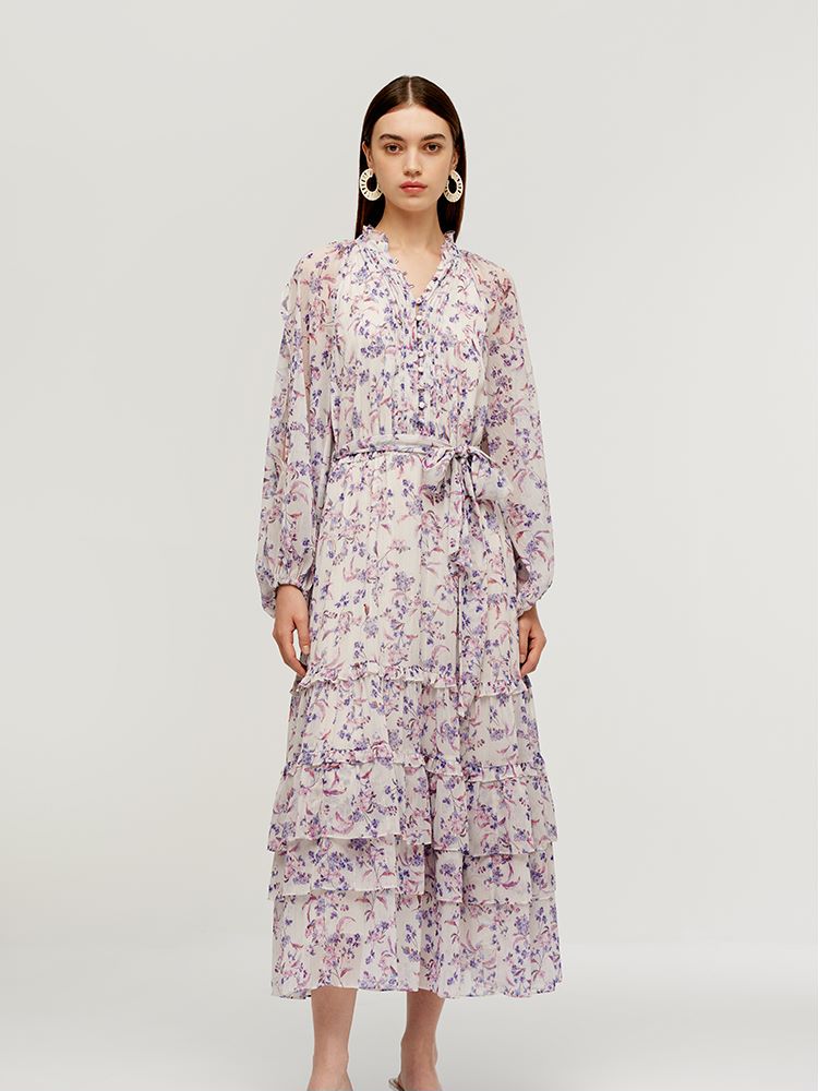 Floral Printed Tiered Women Maxi Dress With Belt GOELIA