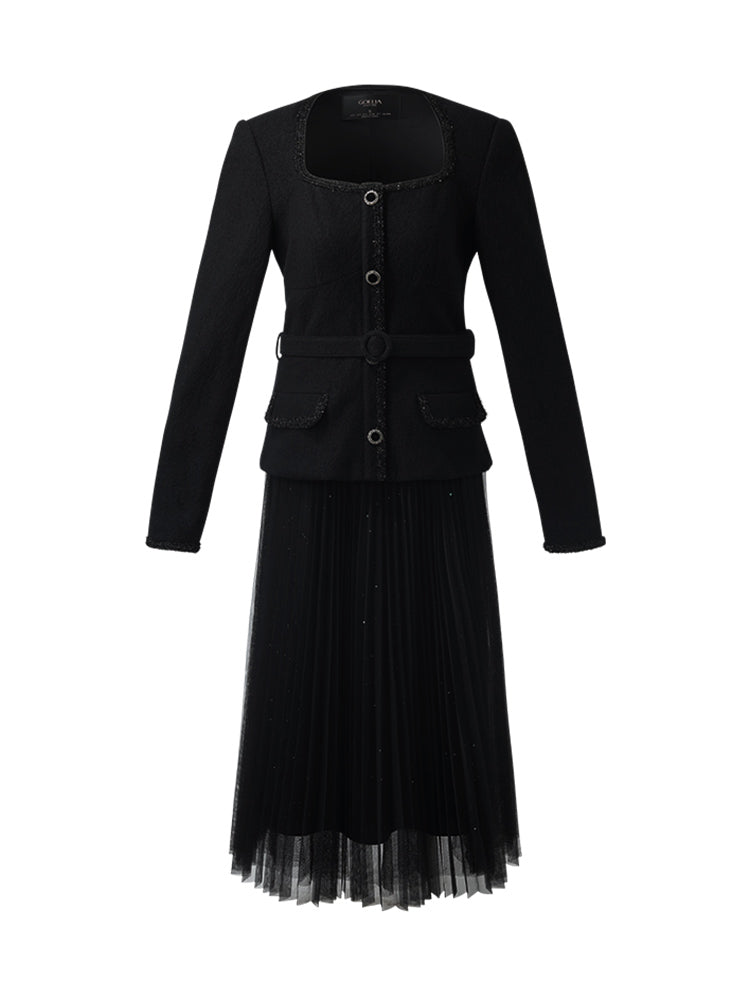 Wool Crop Jacket And Tulle Skirt Two-Piece Set With Belt GOELIA