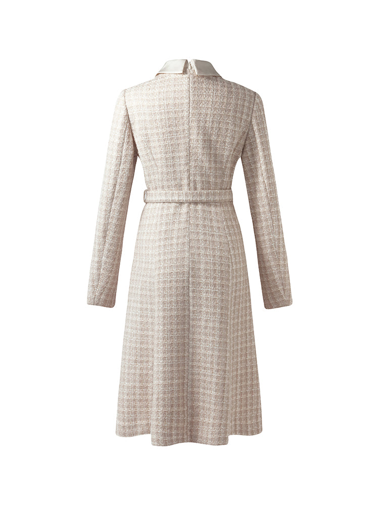 Wool Blend Tweed Patchwork Lapel Women Midi Dress With Belt GOELIA