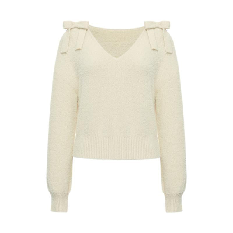 V-neck Tencel And Woolen Sweater With Bows GOELIA