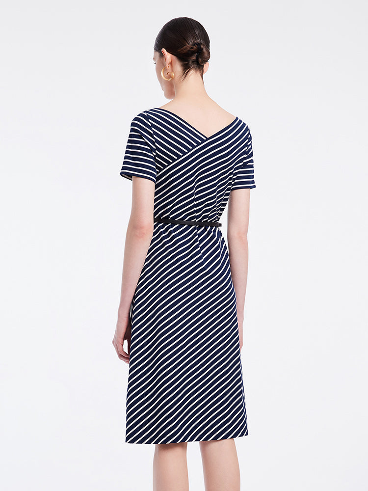 Knitted Stripe Dress With Leather Belt GOELIA