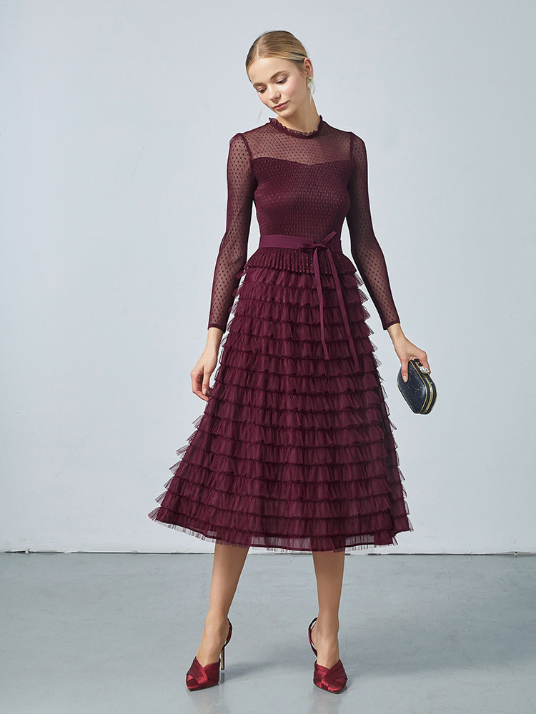 Pleated Tiered Sheer Sleeve Cake Midi Dress GOELIA