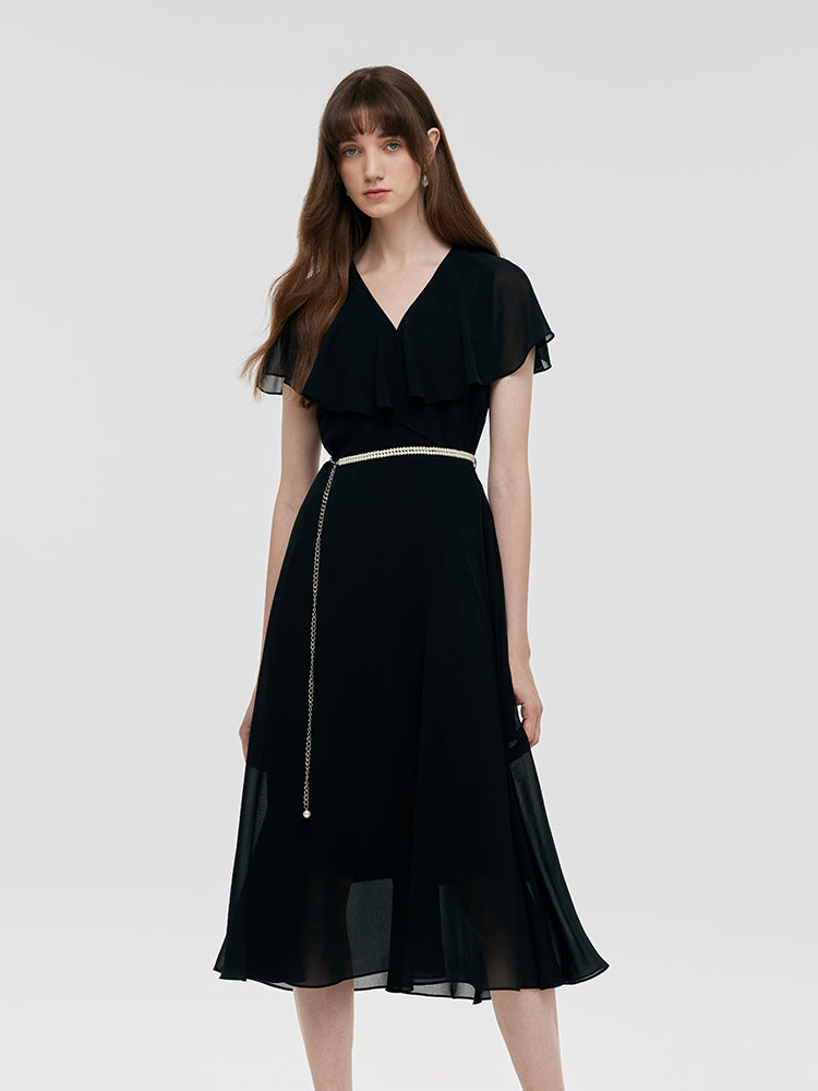 Gathered Waist Women Midi Dress With Beaded Belt GOELIA