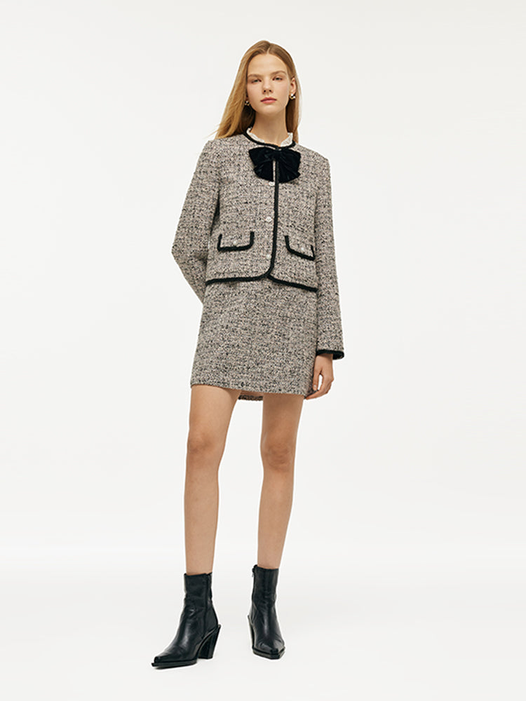 Tweed Women Crop Jacket With Detachable Bowknot GOELIA