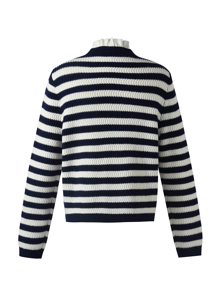 Blue And White Stripe Women Cardigan With Detachable Ruffle Collar GOELIA