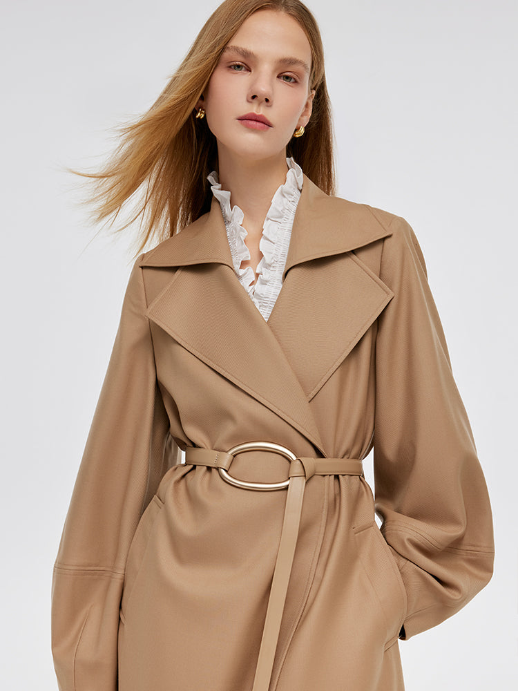 Worsted Wool Lantern Sleeve Women Trench Coat With Leather Belt GOELIA