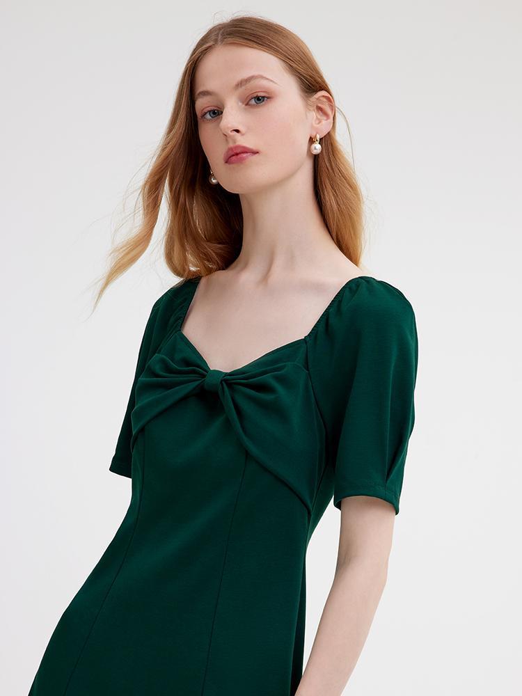 Dark Green Dress With Bow GOELIA