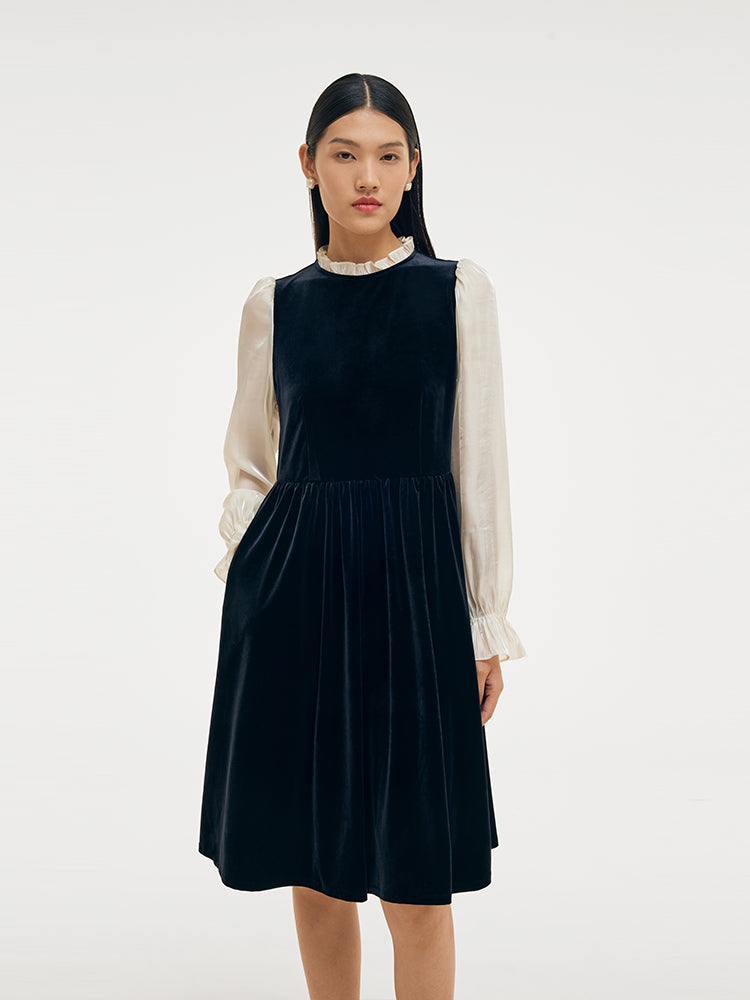 Ruffle Collar Gathered Waist Velvet Women Midi Dress GOELIA