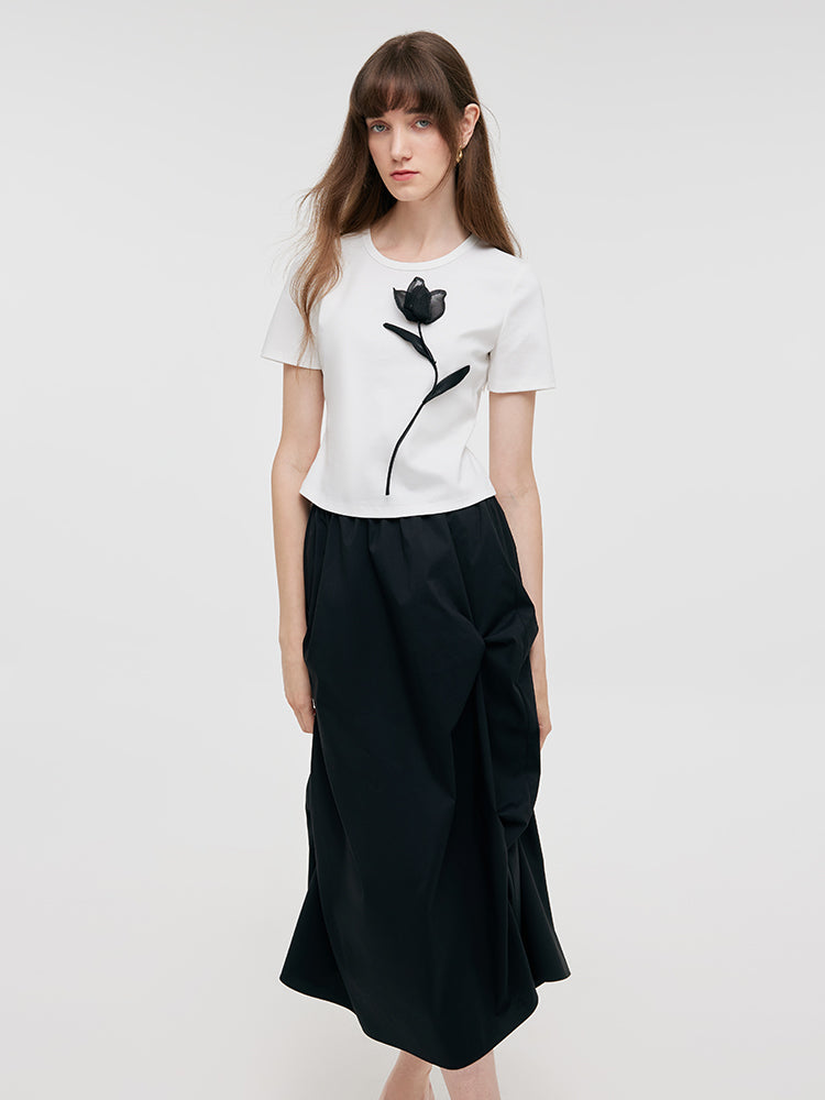 3D Rose T-Shirt And Ruched Skirt Two-Piece Set GOELIA