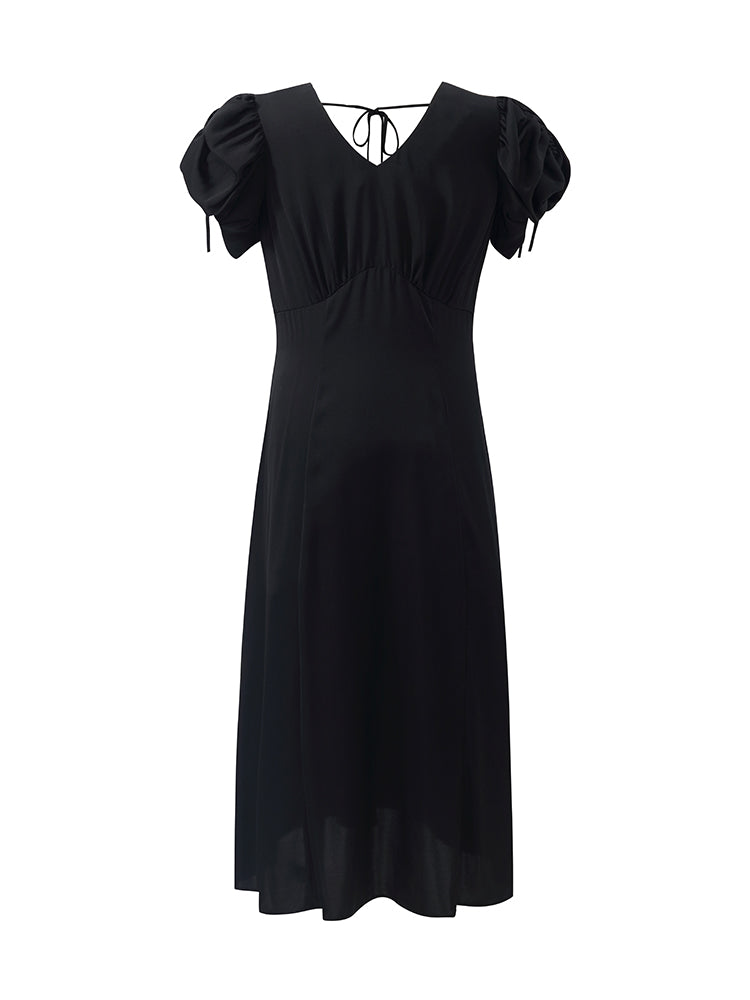 19 Momme Mulberry Silk Drawstring Sleeves Women Midi Dress GOELIA