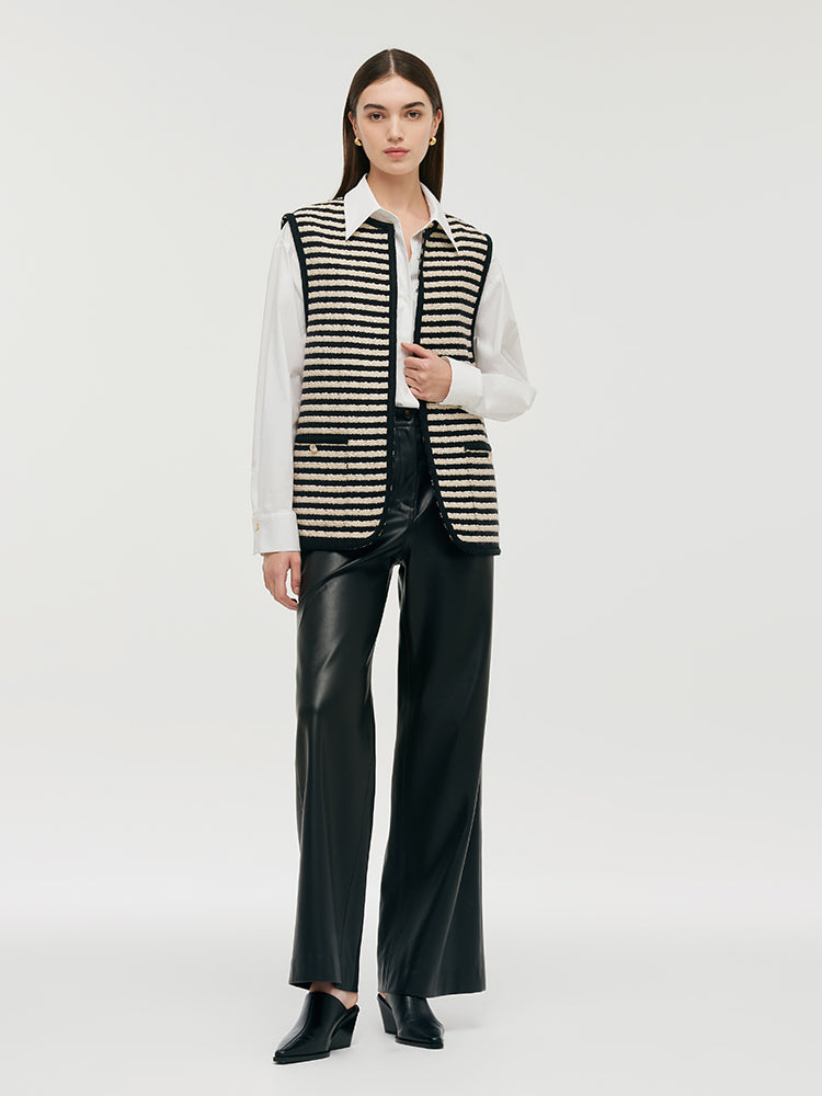 Wool Blend Tweed Black And White Stripe Women Vest GOELIA