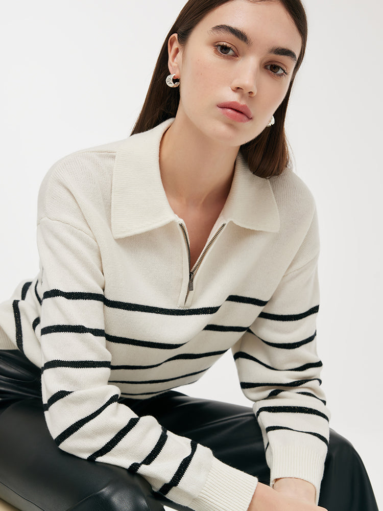 Wool Black And White Stripe Women Sweater GOELIA