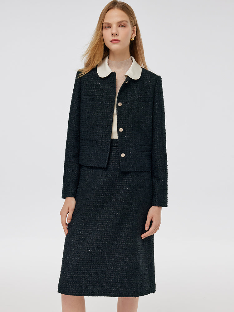 Tweed Crop Jacket And A-Line Skirt Two-Piece Set With Detachable Contrast Collar GOELIA