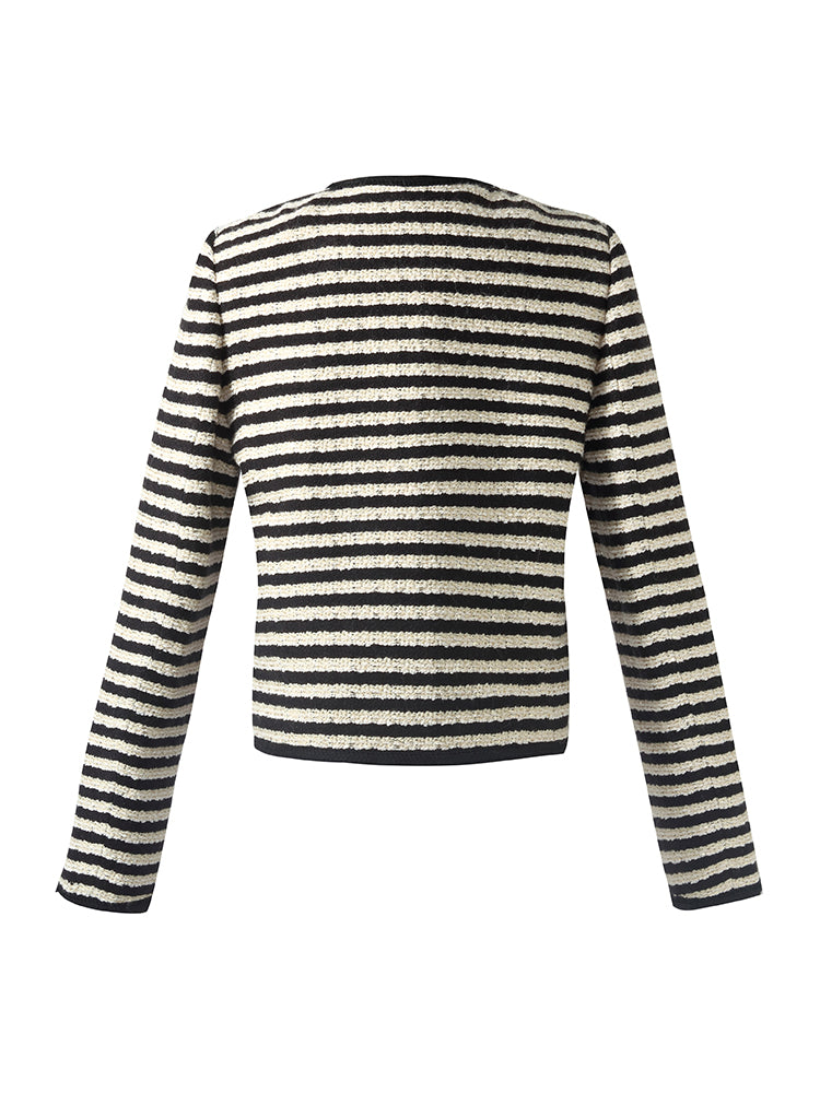 Wool Blend Black And White Stripe Tweed Women Crop Jacket GOELIA