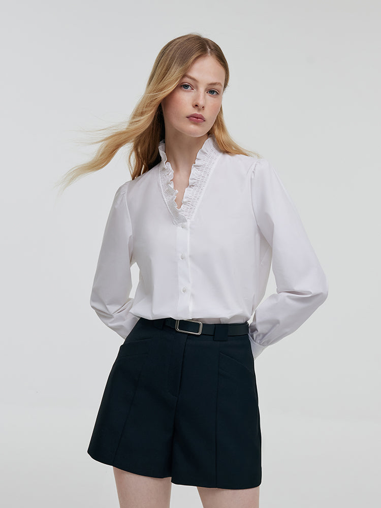 Ruffle Collared V-Neck Women Shirt GOELIA