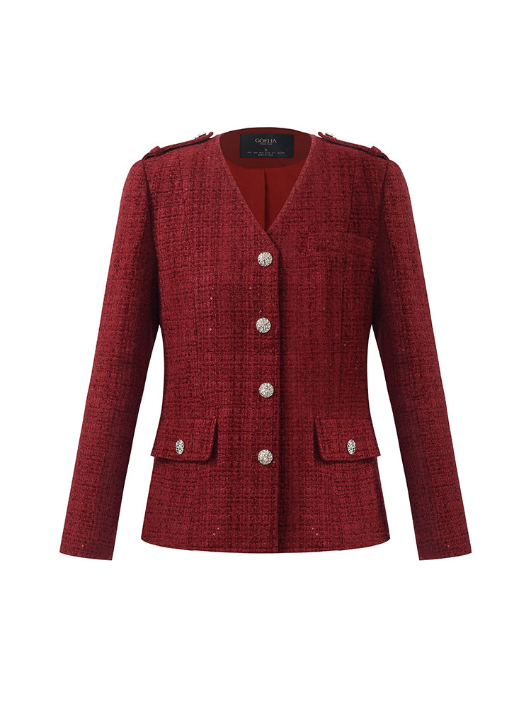 V-Neck Single-Breasted Tweed Women Jacket GOELIA