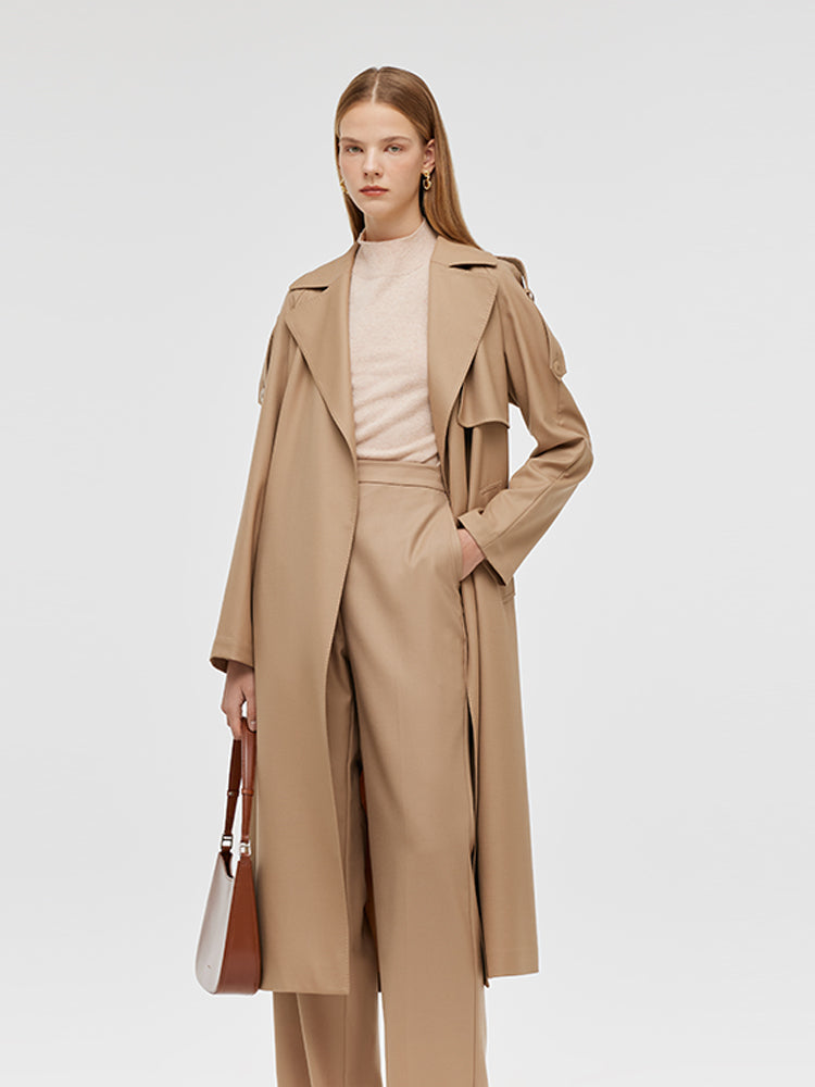 Worsted Wool Lapel Women Trench Coat With Belt GOELIA