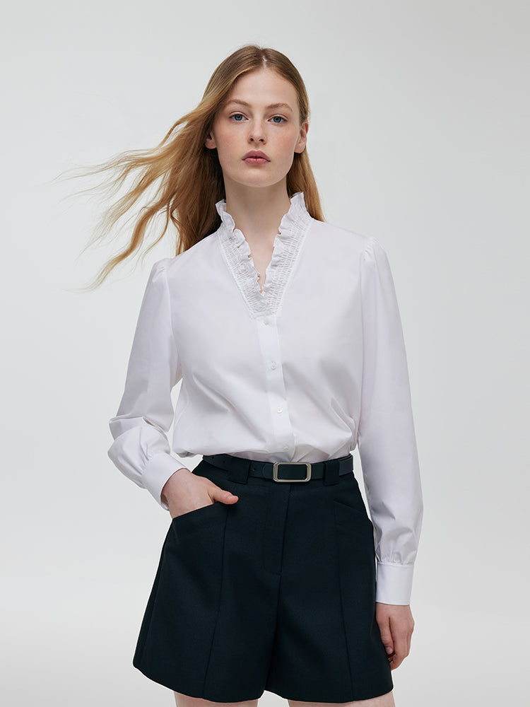 Ruffle Collared V-Neck Women Shirt GOELIA