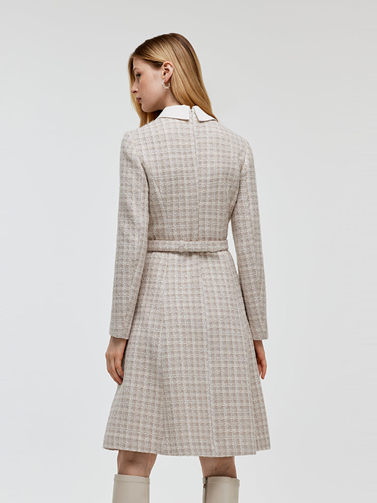 Wool Blend Tweed Patchwork Lapel Women Midi Dress With Belt GOELIA