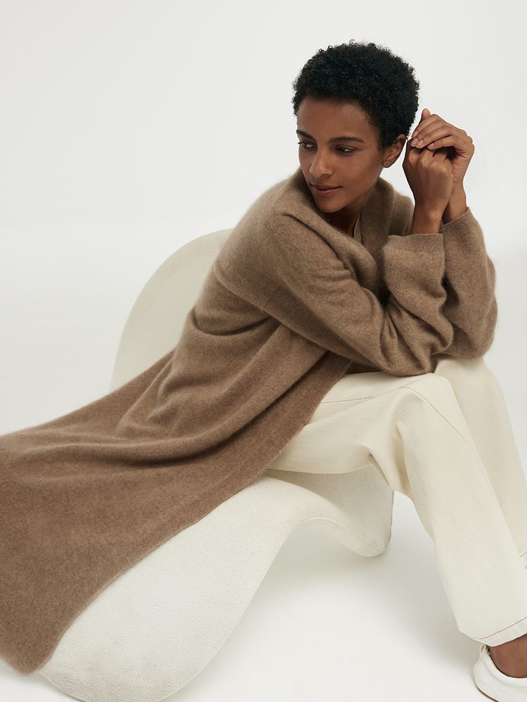 Light Camel Brushed Cashmere Long Women Cardigan GOELIA