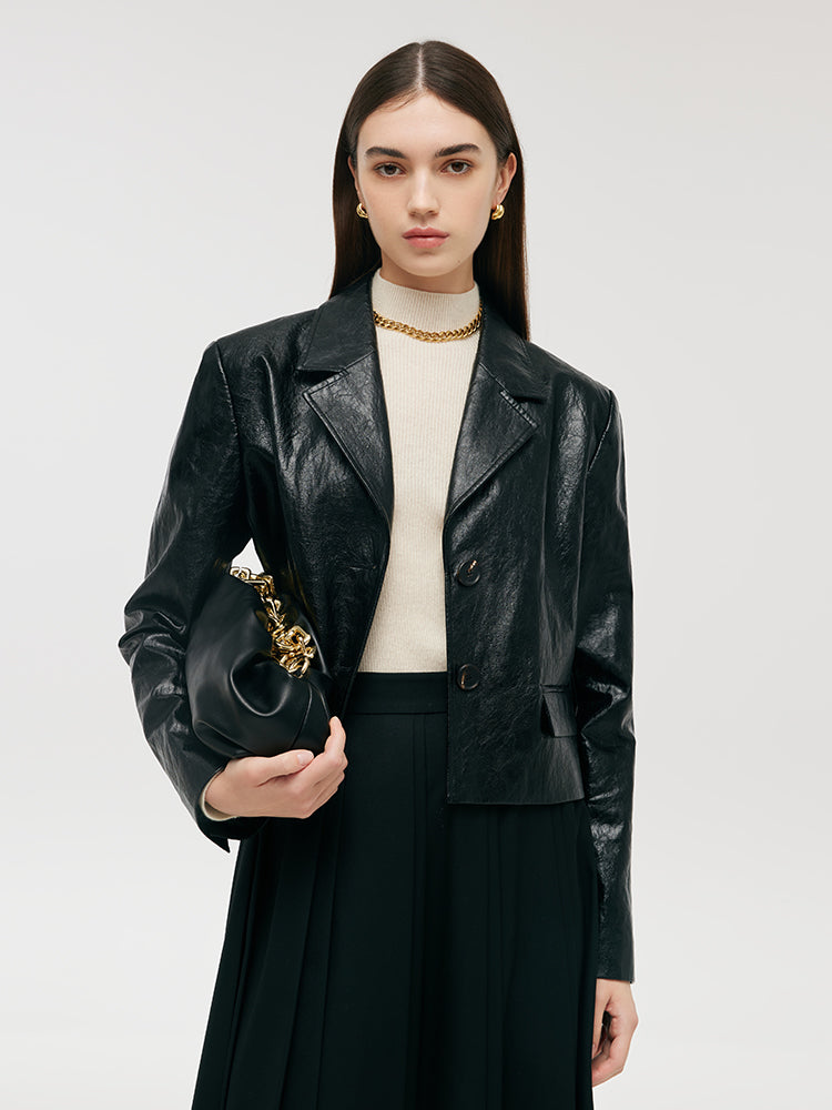 PU Leather Lapel Single-Breasted Women Crop Jacket GOELIA