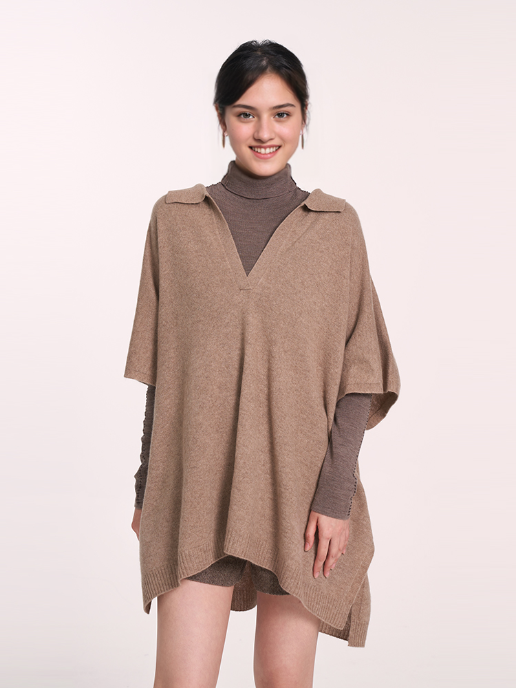 100% Cashmere Polo Collar Poncho Sweater GOELIA