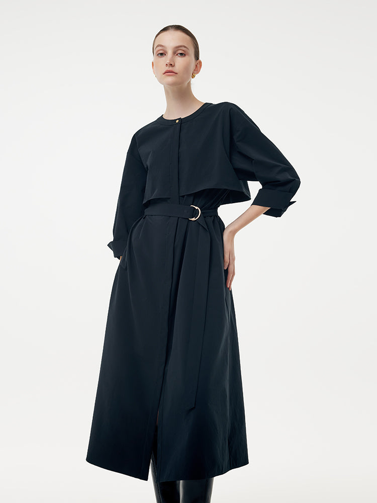 Round Neck Women Trench Maxi Dress With Belt GOELIA